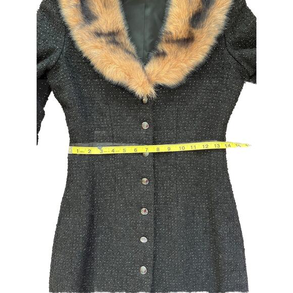 Betsey Johnson New York Black & Gild Shimmer Duster Coat, faux fur lapel size‎ S - Picture 9 of 13
